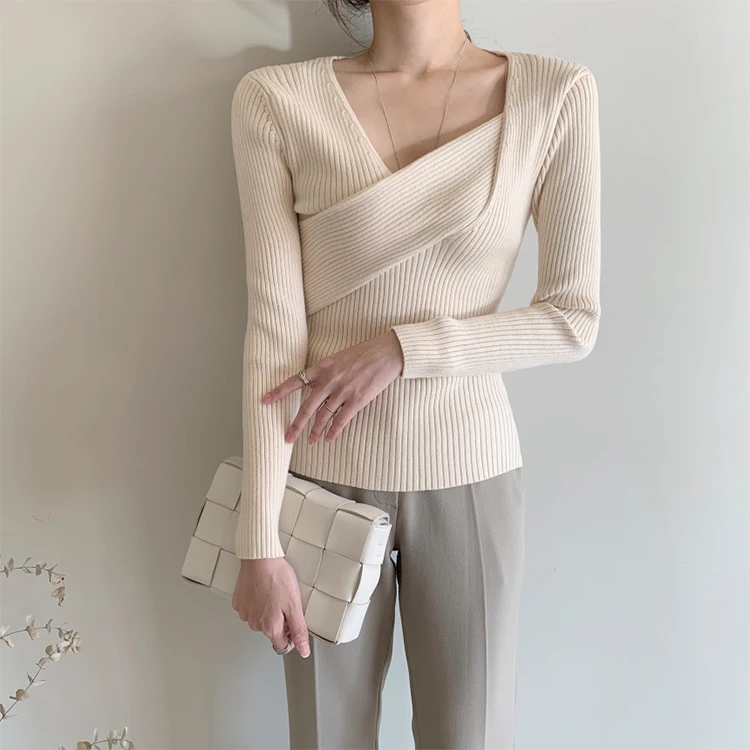 

2021 New Spring Autumn Pullovers Sweaters Chic Knitted Women Sweater Irregular Collar Long Sleeve Criss-Cross Slim Fit Tops