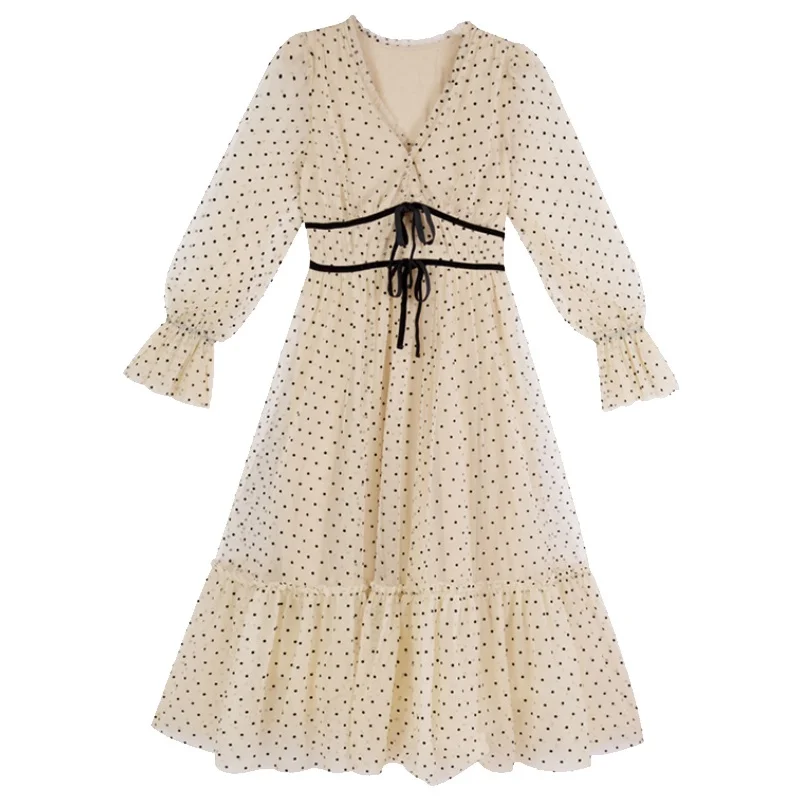 

Autumn French polka dot mid long Gauze dress thin high quality v-neck trumpet sleeves bow dresses