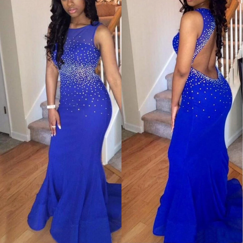 

O-Neck Sleeveless Floor-Length Sweep Train Custom Formal Dresses Chiffon Backless Pearls Evening Dress