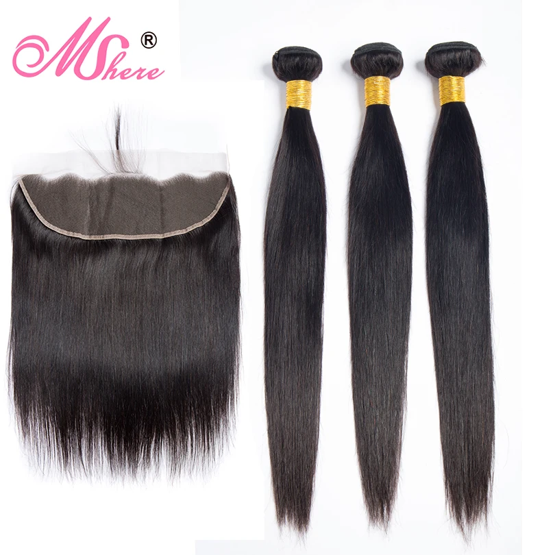 MShere человеческие волосы пучки с закрытием прямые кружева фронтальное Закрытие