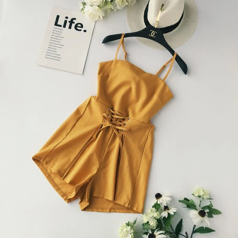 

Euro Summer Women Fashion Blending Cross Drawstring Strap Playsuits Women Sexy Backless Lace Up Loose Leg Romper Overalls
