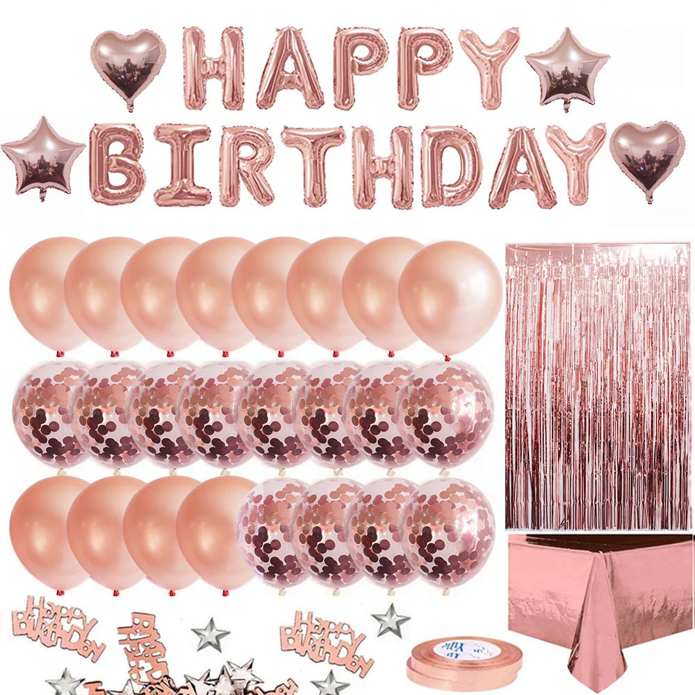 

Rose Gold Birthday Party Balloon Set Happy Birthday Letter Rose Gold Sequin Transparent Balloon Aluminum Foil Tablecloth