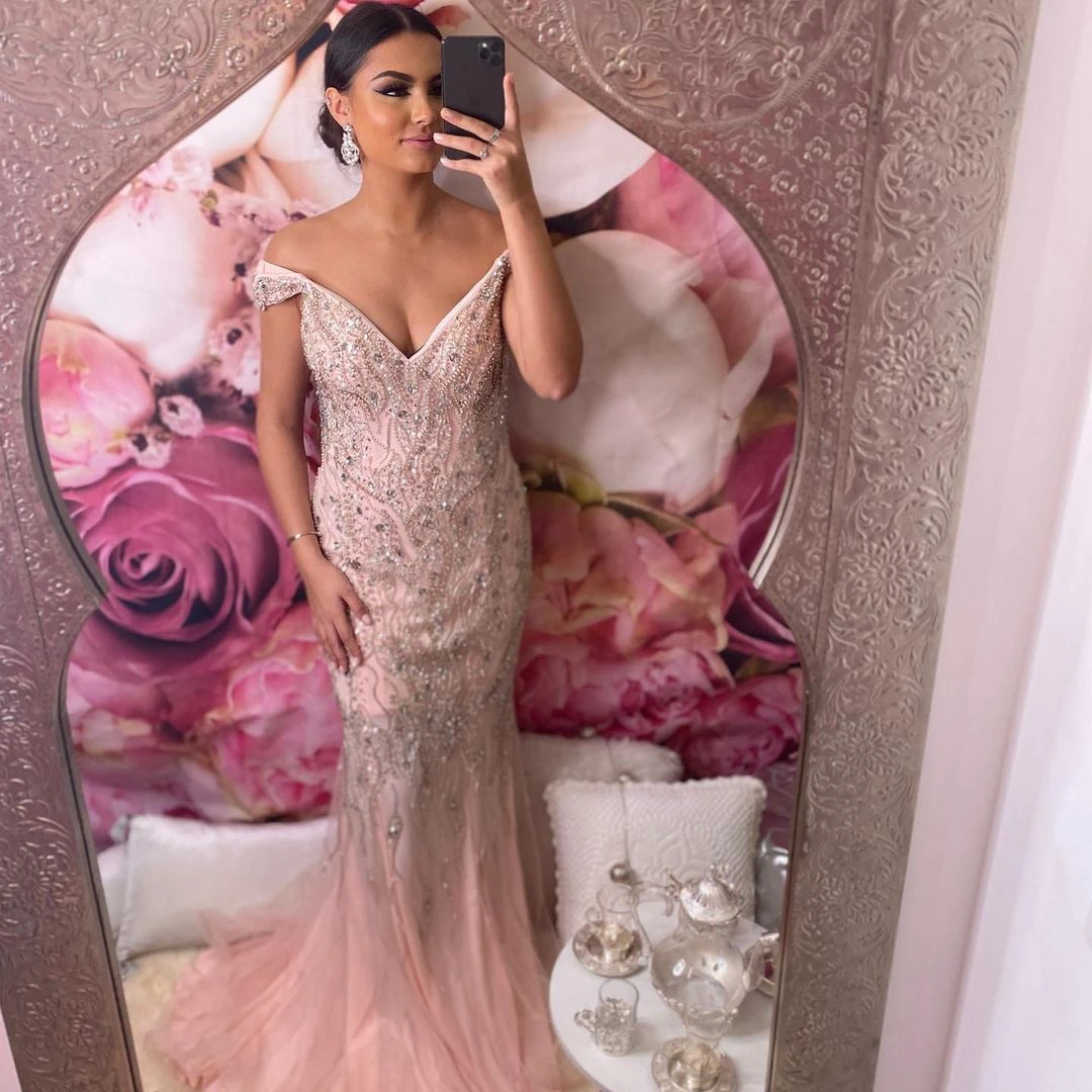 

Fashion Sexy Pink Moroccan Caftan Evening Dress Deep V-Neck Floor Length With Train Tulle Applique Prom Dress Custom Made
