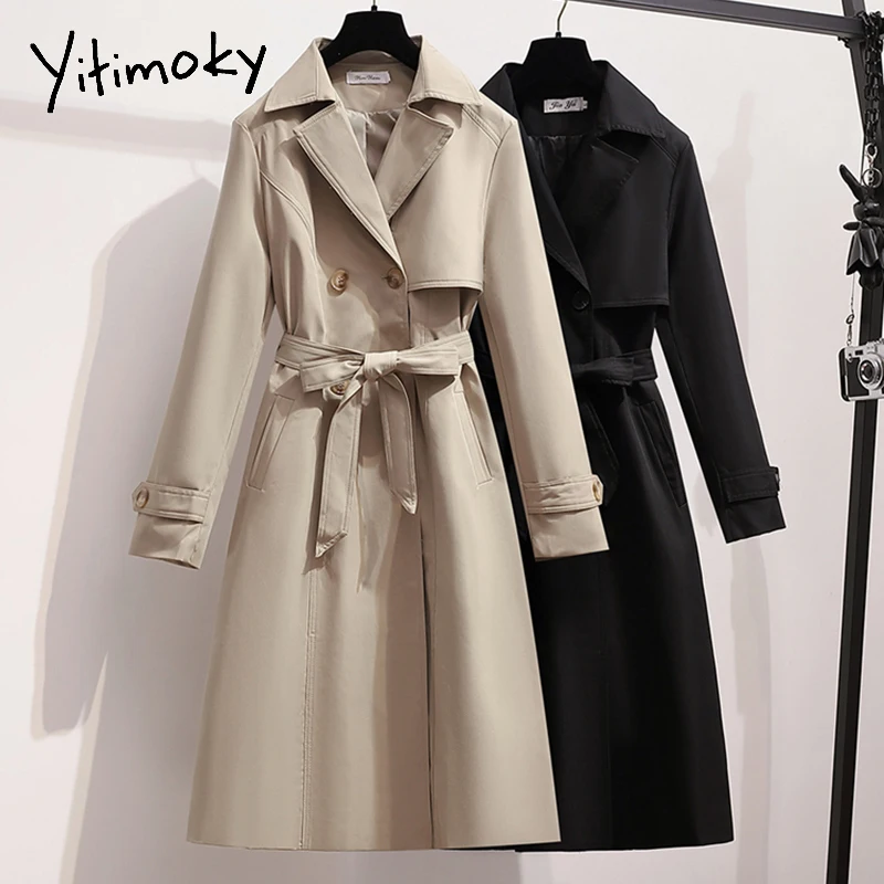

Длинный тренчкот Yitimoky, дизайнерская женская одежда на осень и зиму с поясом, повседневная куртка на пуговицах с карманами, модная новинка в ...