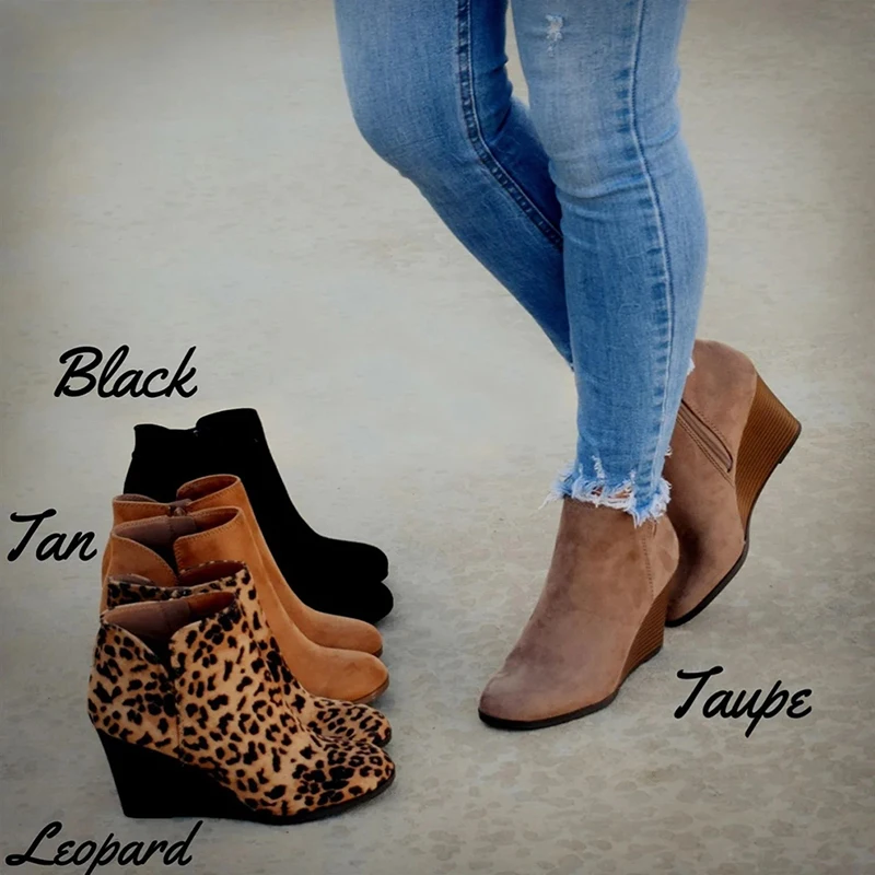 

Short Boots Winter Women Leopard Ankle Boots Lace Up Footwear Platform High Heels Wedges Shoes Woman Bota Feminina