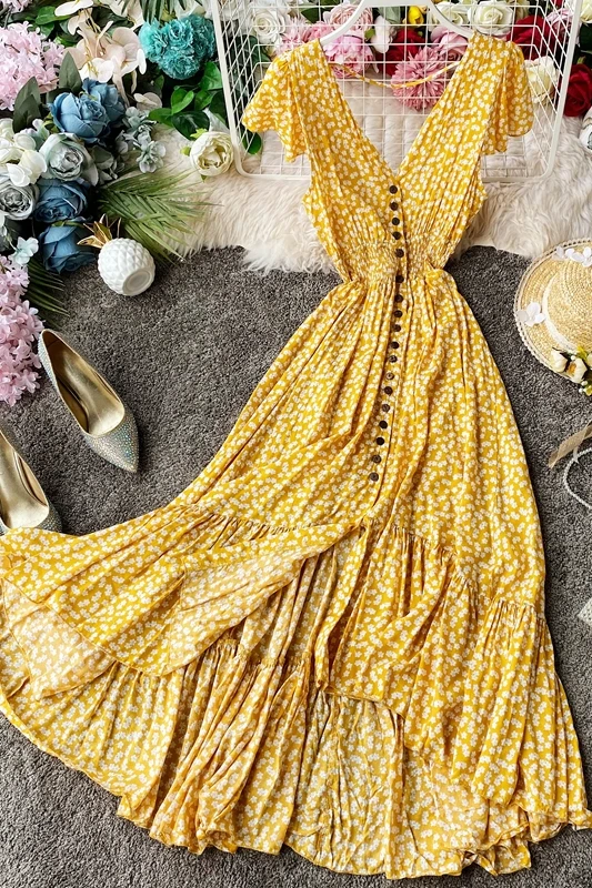 

Women Summer Floral Maxi Dress Bohemian Irregular Ruched Backless Ruffle Dress Vintage Long Cotton Print Beach Sundress 2021
