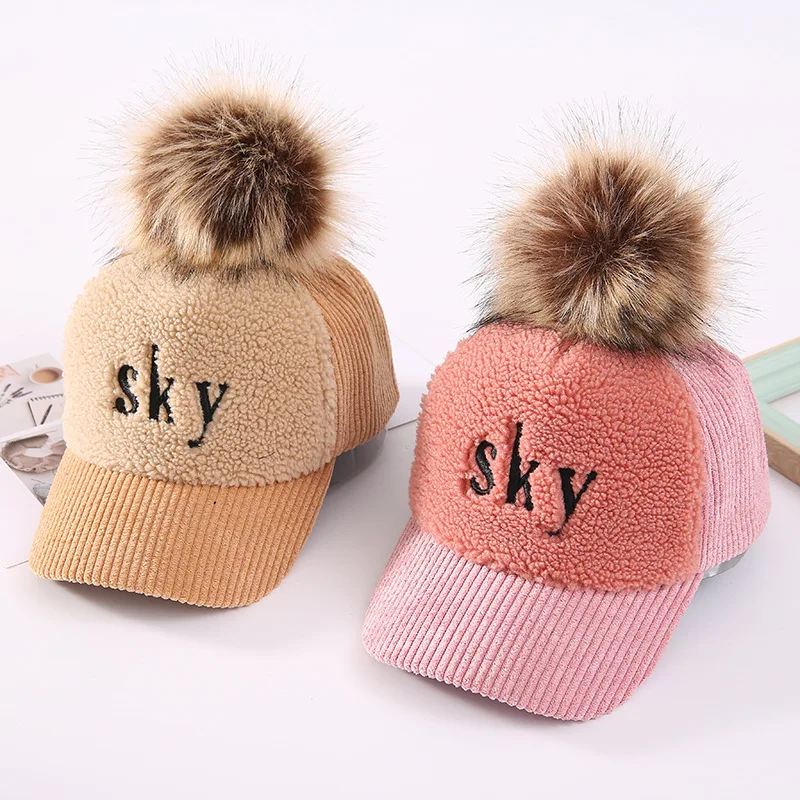 Children's Hat Winter New Thin Velvet Sky Curved Brim Girl's Letter Warm Big Wool Ball Color Blocking Baseball Cap | Спорт и