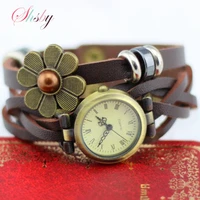 shsby new women vintage leather strap watches pearl sun flower bracelet women dress watch brown women wristwatch