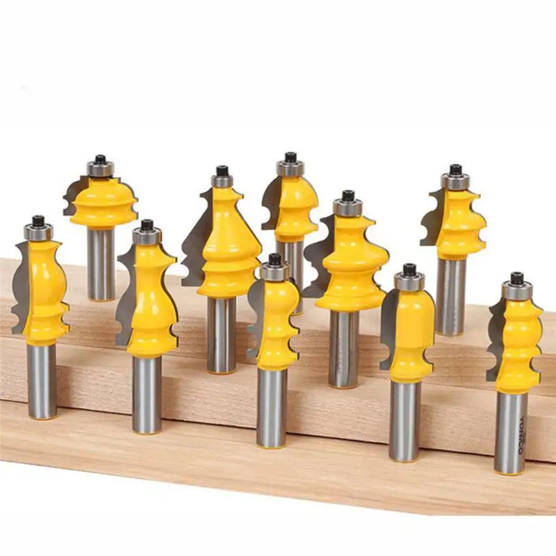 

10Pcs 8mm Shank Architectural Molding Router Bits Set With Wood Case Steel CNC Line Handrail Face Mill Woodworking Cutters