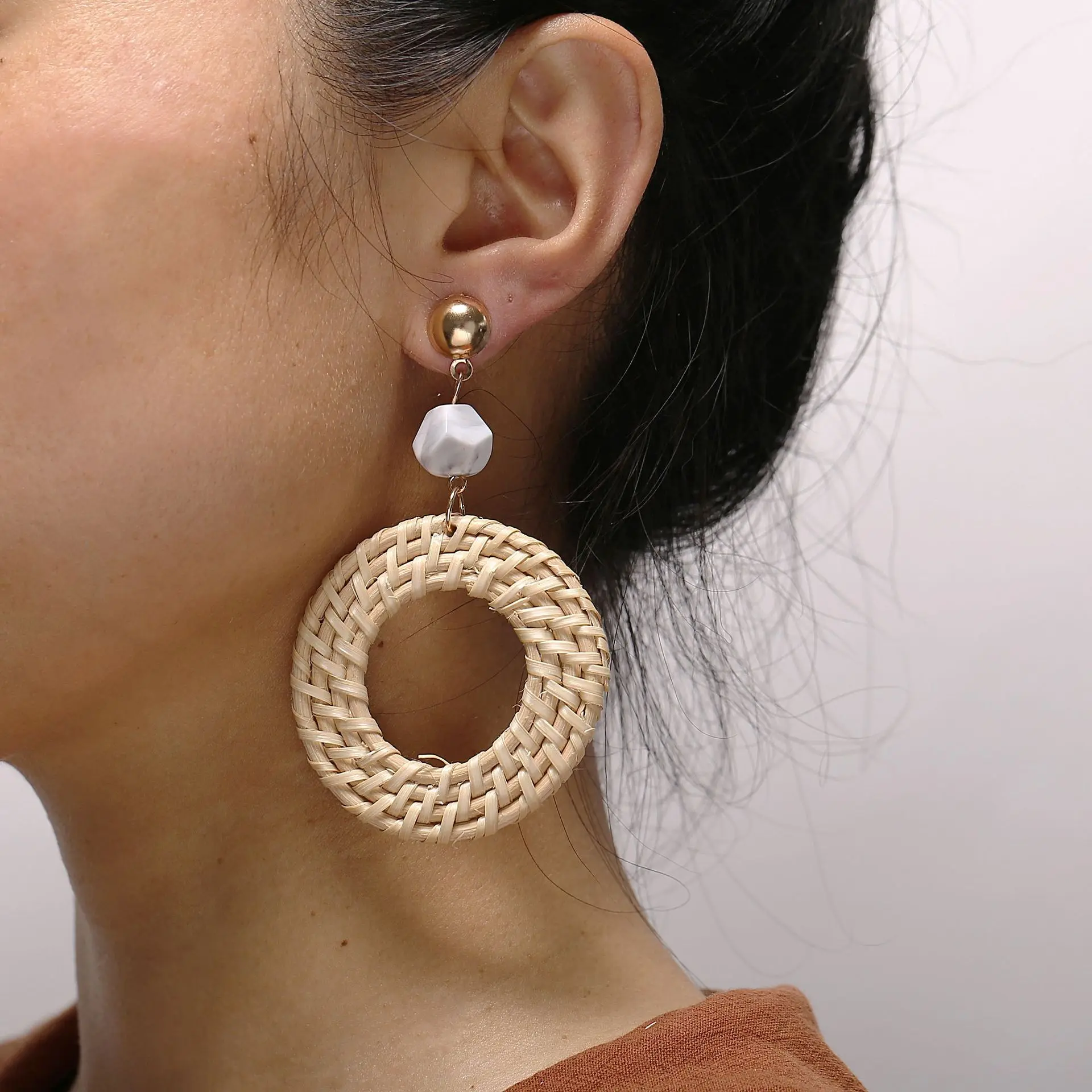 

Delysia King New earrings creative retro woven round wooden earrings