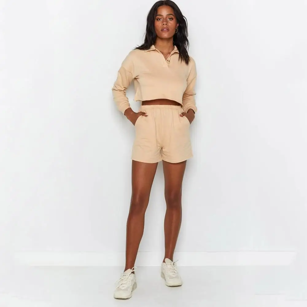 

European beauty fashion sports casual style solid color sweater shorts suit