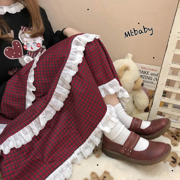 

Japanese Harajuku Girl Fashion Red Plaid Lolita A-Line Skirt Female High Waist Sweet Kawaii Long Skirt Streetwear