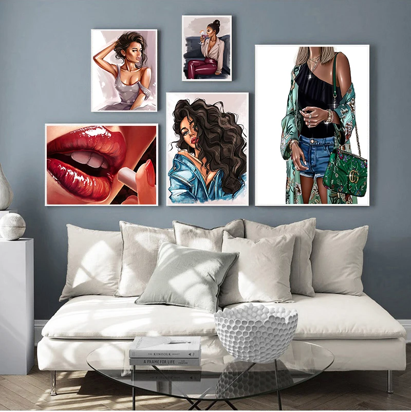 

Модная девушка иллюстрация курительная губа вино настенная Картина на холсте скандинавские постеры и искусство для декора гостиной