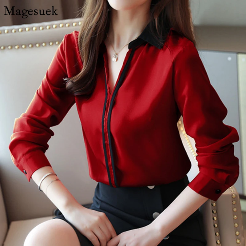 

2021 Autumn Long Sleeve Chiffon Blouses Women Casual Solid Women Tops And Blouses Loose V-neck Pullover Shirts Women Blusas 6097