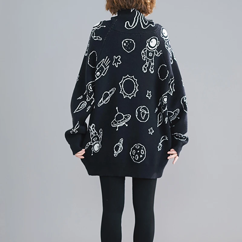Women Casual Black Turleneck Sweater Letters and Space Pattern Loose Knitting Oversized Clothes | Женская одежда