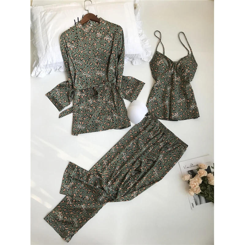 2020 New 3 PCS Women Pajamas Sets with Pants Sexy Pyjama Satin Flower Print Nightwear Silk Negligee Sleepwear | Женская одежда