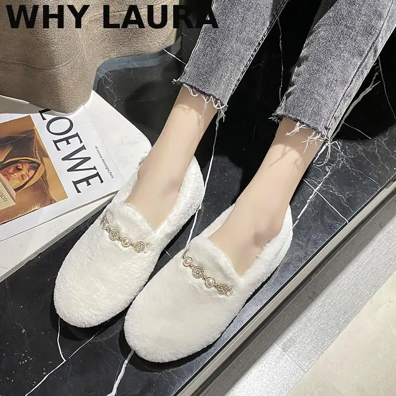 

Warm fluffy shoes for women luxury pearl winter warm soft comfortable shoes for women slip cover flat shoes non-slip casual shoe