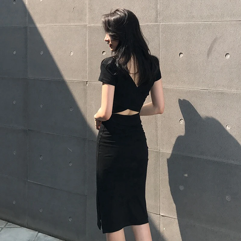 

Летние Новый стиль Боковой разрез с низким вырезом на спине середины Длина узкого кроя для похудения элегантные женские сексуальное обтяги...