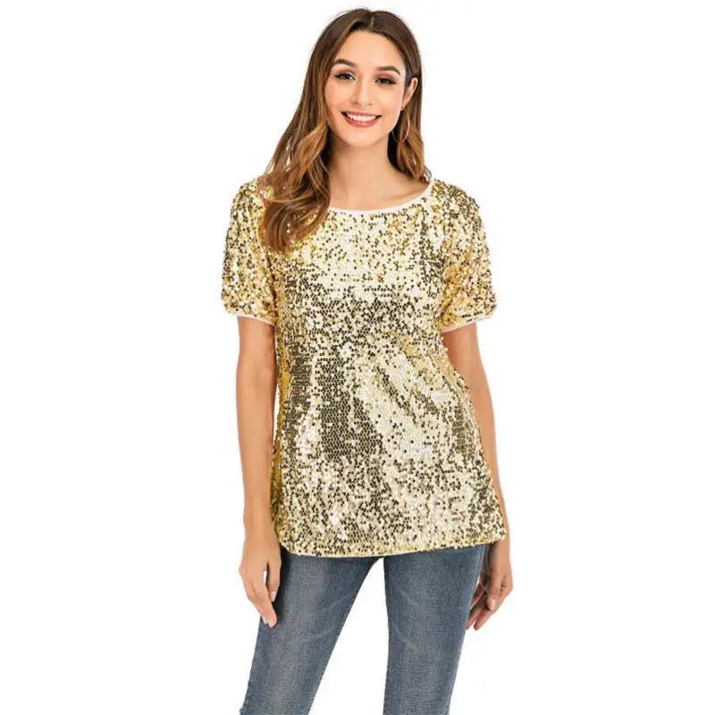 Women Fashion Ladies Stylish Solid Color Glitter Sequined Oblique Neck Short Sleeve Shirt Summer Casual Pullover Tops Blouse | Женская