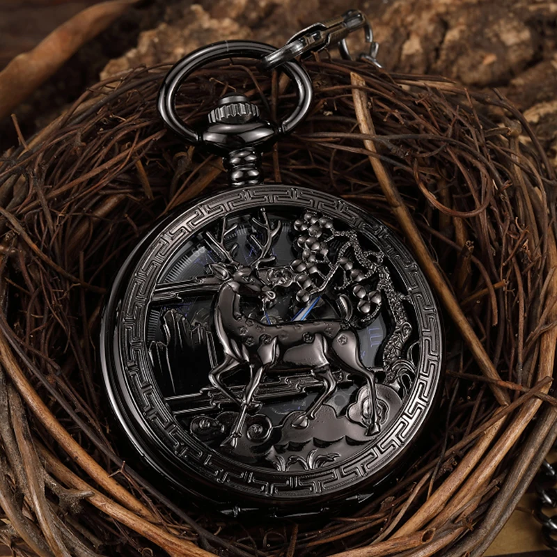 Deer Mechanical Pocket Watch Skeleton Vintage Antique Full Black Case Hollow Animal Engraved Male Fob Chain Clock for Men Women