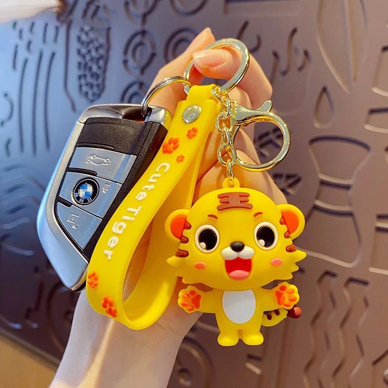 Cartoon silicone Pink yellow Cute small Tiger Key Chain For Women Kawaii big eyes Keychain Fashion Bag Keyring Charm Gift |