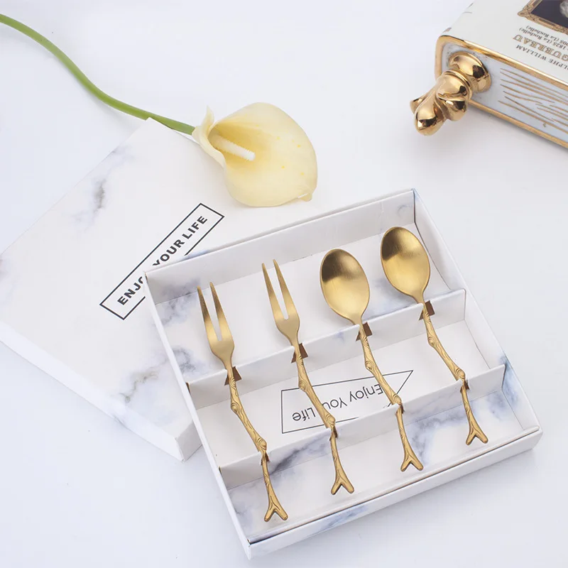 Творческие особенности нержавеющая сталь лист вилка ложка маленький золотой