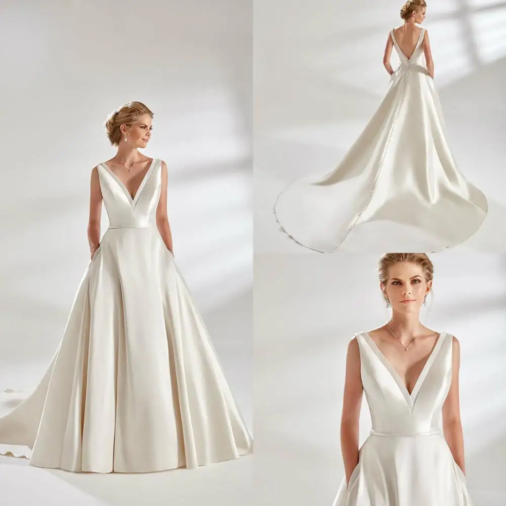 2020 Элегантное Атласное Свадебное Платье трапециевидной формы с карманами