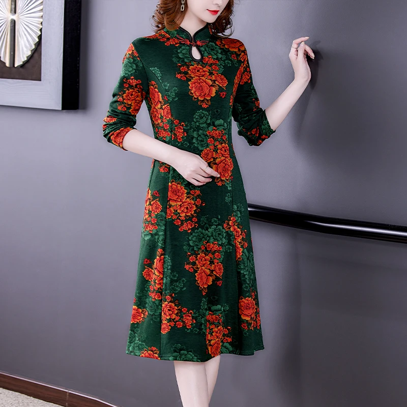 

Chinese Style Red Print Cheongsam Hollow Out Sexy Midi Dress Spring Autumn Elegant Bodycon Vestidos Women Vintage Casual Dresses