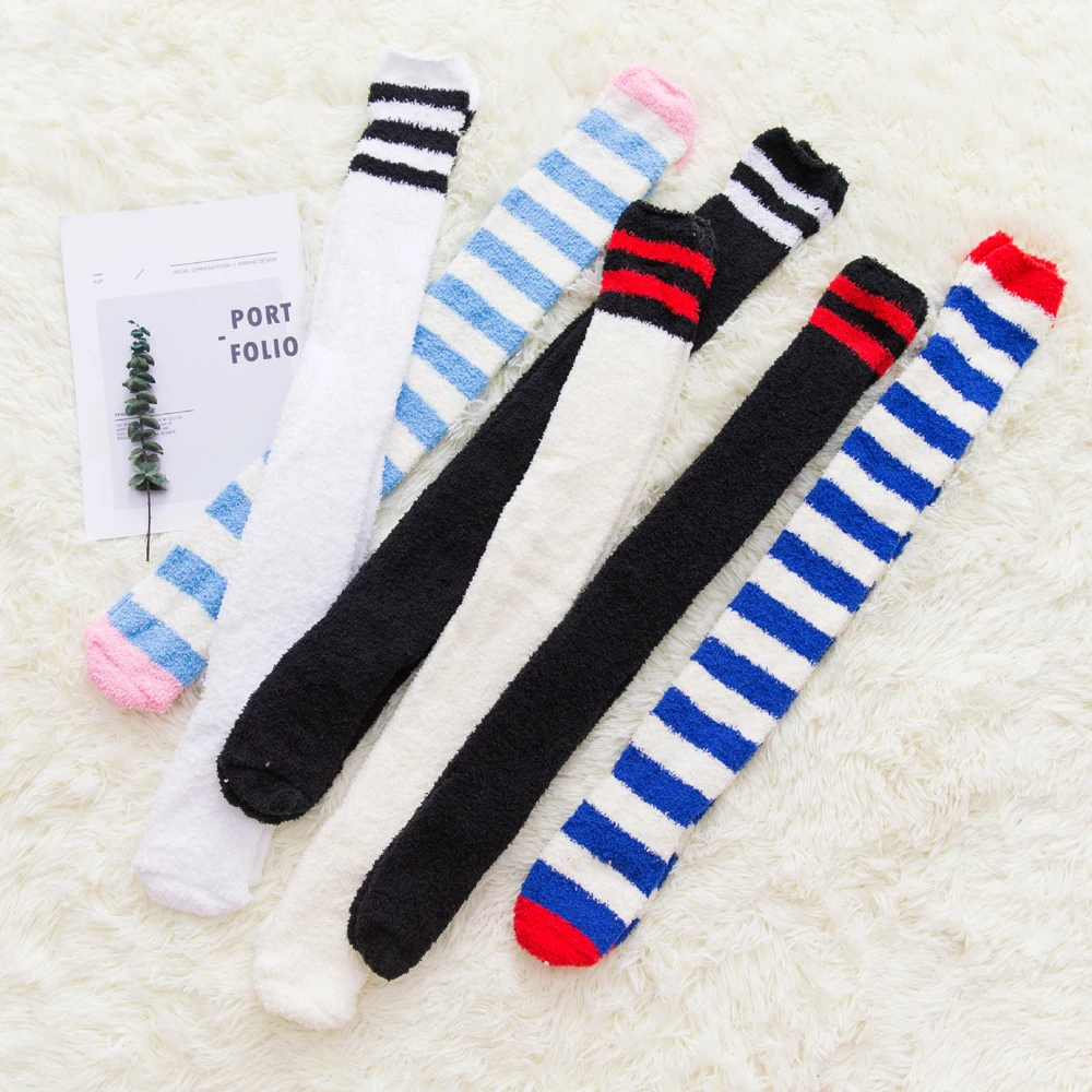 

Winter Striped Rainbow Thigh High Stockings Lolita Girl Leg Warmer Fuzzy Thick Long Socks Meias Divertidas Largas Black Medias