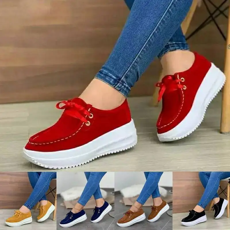 

Women's Vulcanized Shoes Flock Ladies Sewing Flat Platform Lace-Up Casual Autumn Female Plus Size 2020 Fashion New Comfort