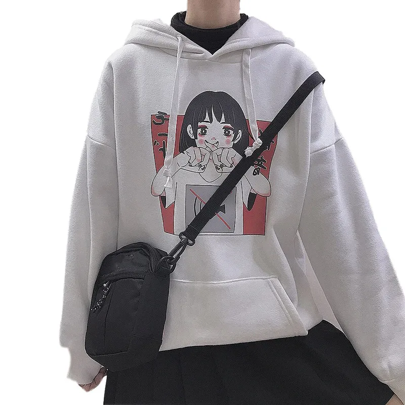 Harajuku Kawaii аниме девушка с капюшоном Толстовка японский Винтаж милый черный флис толстовка с рисунком женский объемный пуловер