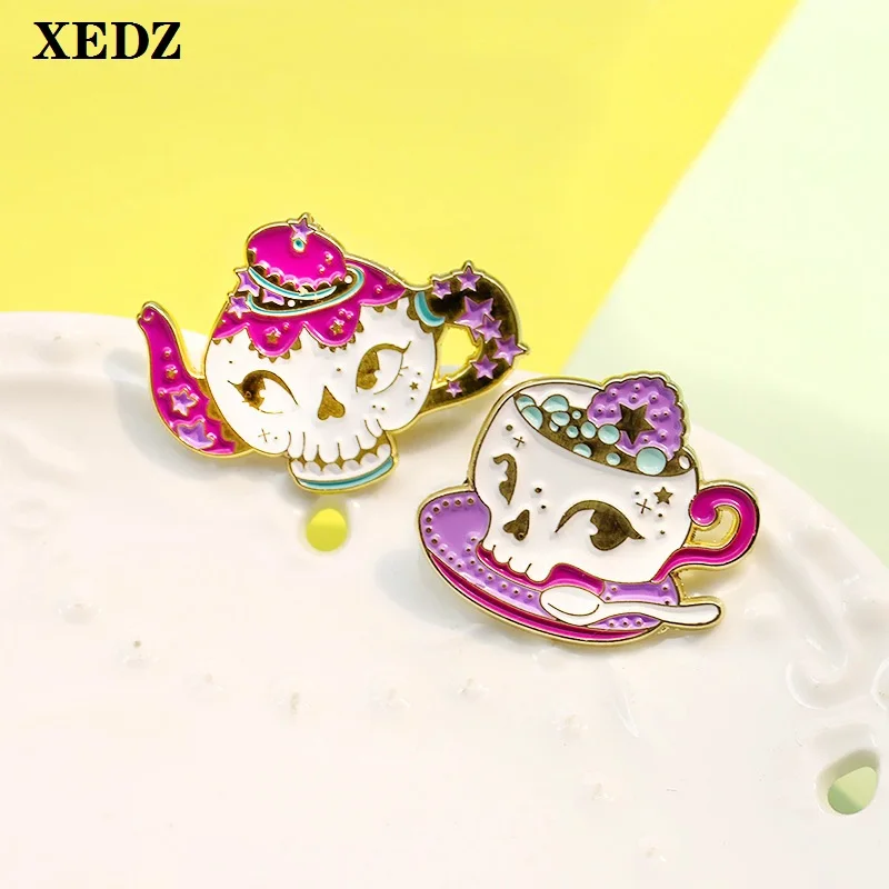 

XEDZ gothic skull teapot enamel pin gem fortune pot and coffee cup color brooch lapel pin clothes badge jewelry gift for friends