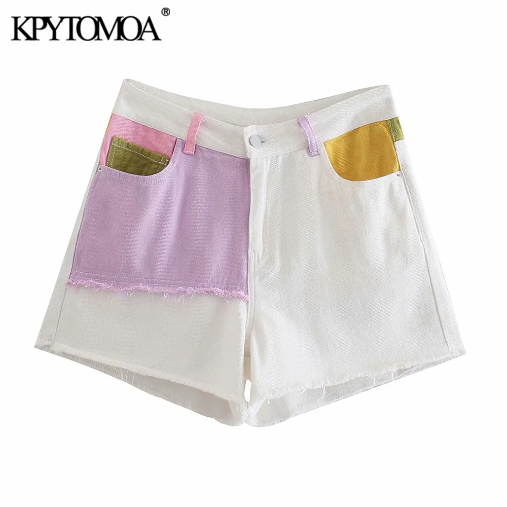 

KPYTOMOA Women Chic Fashion Frayed Tassel Patchwork Denim Shorts Vintage High Waist Zipper Fly Female Short Pants Mujer