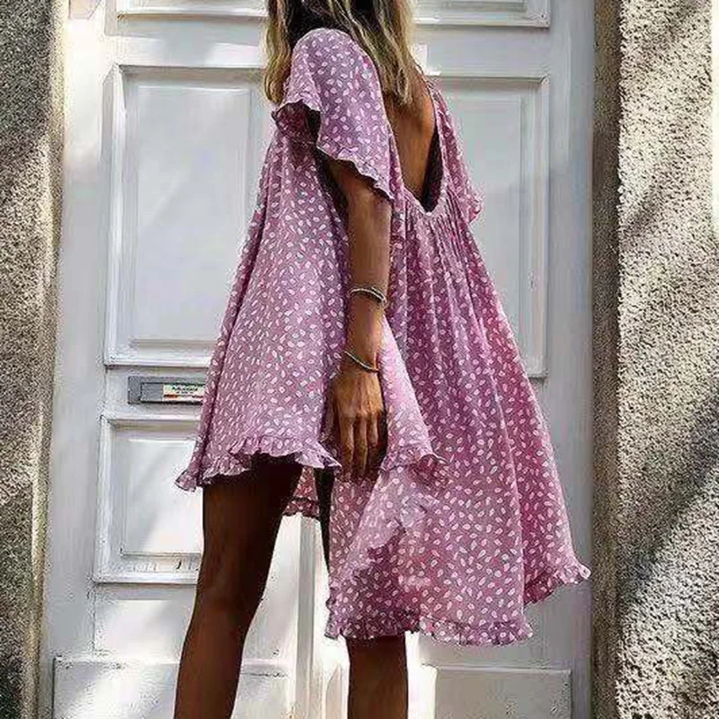 

Loose V Neck Women Casual Dot Print Dress Summer Sexy Backless Hollow Out Mini Dress Female Short Butterfly Sleeve Holiday Dress