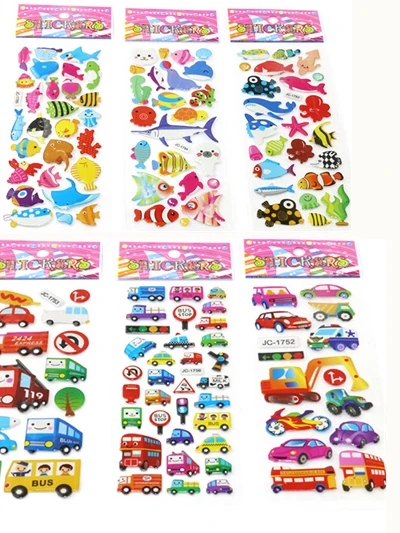 

10 Sheets Cartoon Transport Cars Ocean Fish Waterpoof DIY Baby Toys For Children Kids Boy Girl 3D Puffy Bubble Stickers