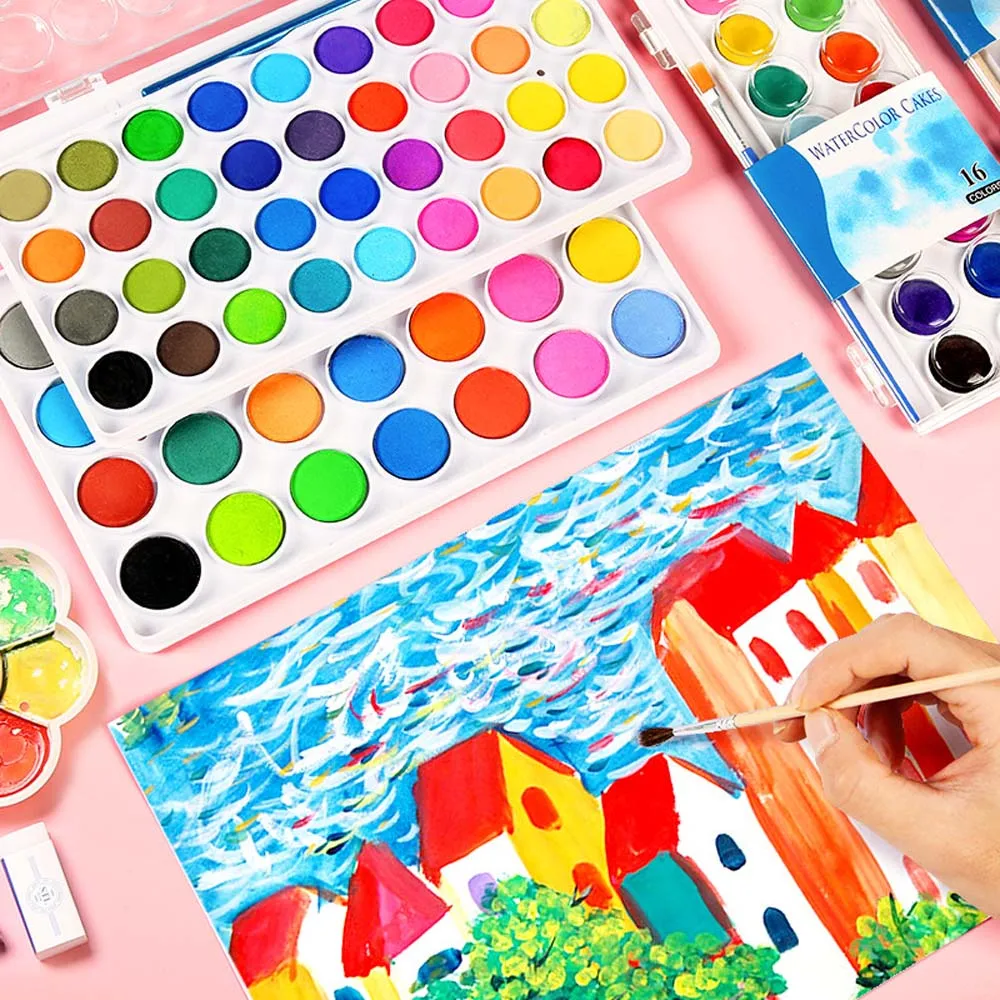 

High Quality Solid Paint With Wooden Pole Brush Pen Set Portable Water Brush Gouache Pigments School Art Stationery