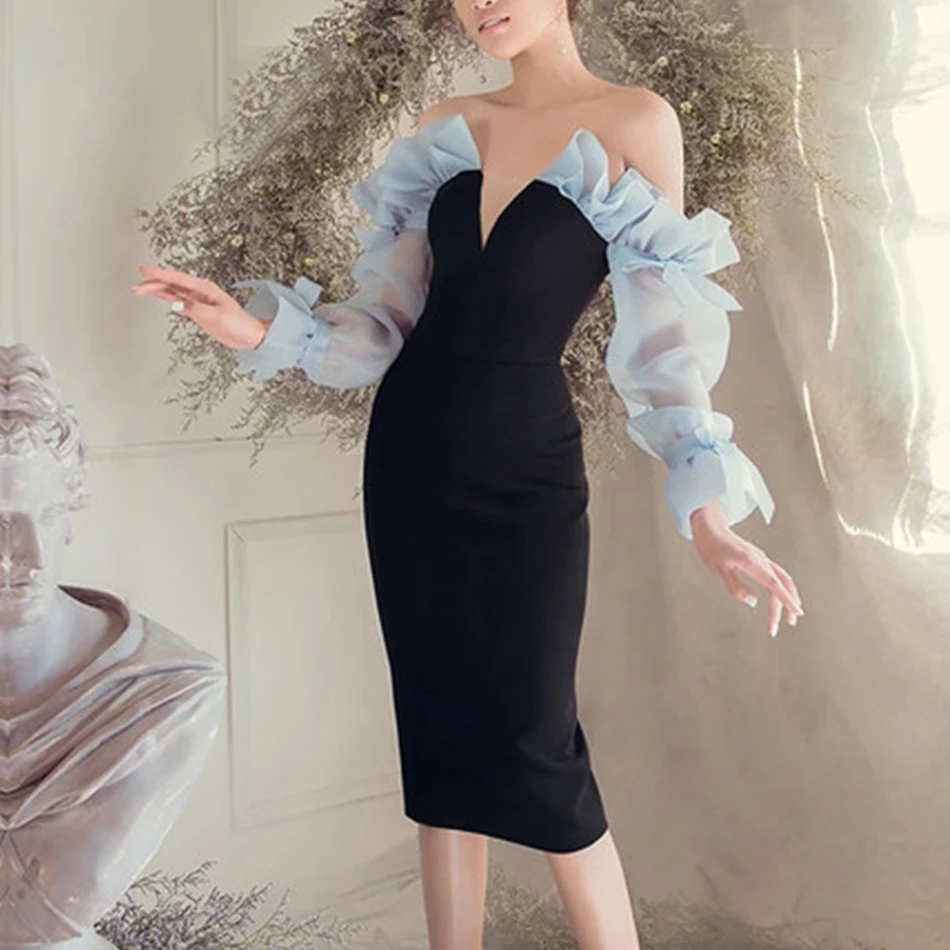 Женское кружевное платье Adyce белое Клубное с длинным рукавом и V-образным вырезом