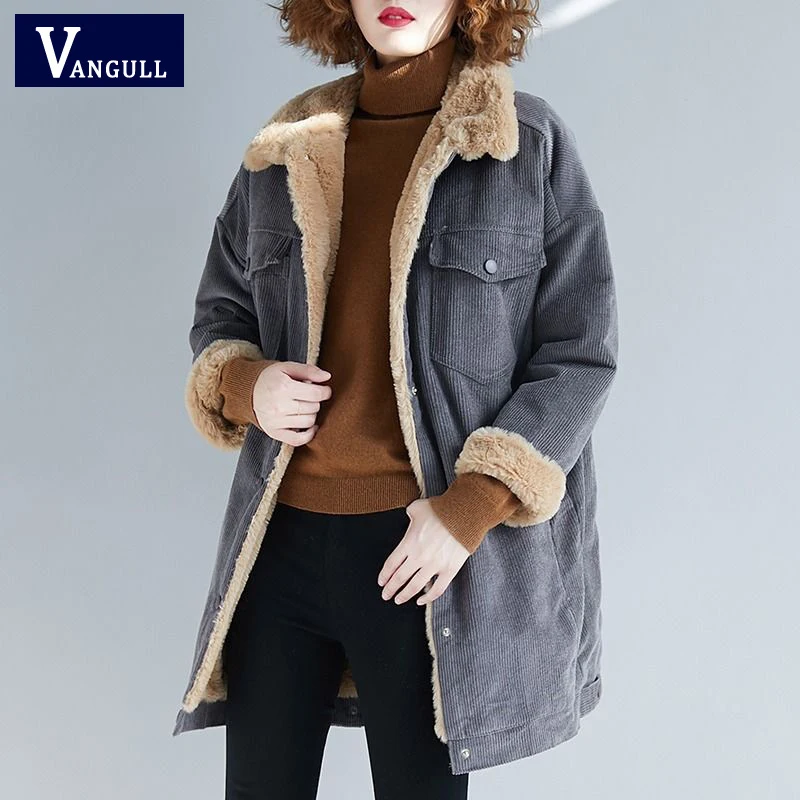 Vangull зима бархатный, вельветовый жакет модная простая однотонная хлопковая стеганая куртка пальто с длинными рукавами и Однобортный Свободная верхняя одежда