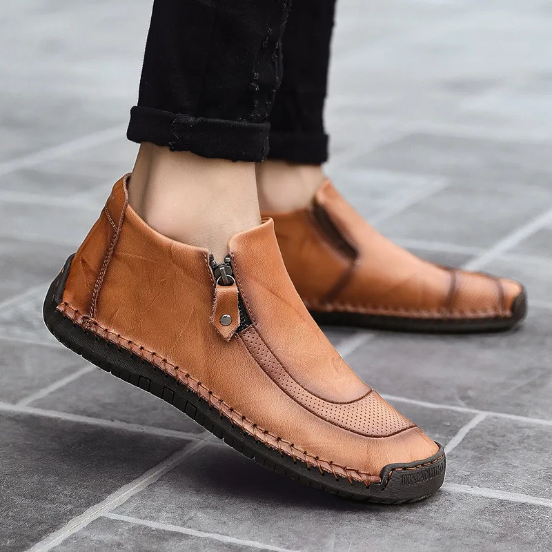 

Large size handmade leather shoes men's lazy short boots men's plus velvet cotton boots outdoor casual men's zipper riding boots