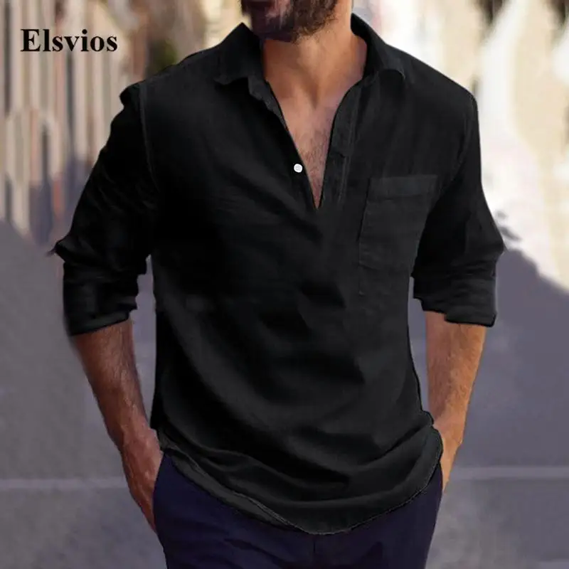 

Рубашка мужская с отложным воротником, модная Повседневная Базовая с длинными рукавами, на пуговицах, из хлопка и льна, уличная одежда, весн...