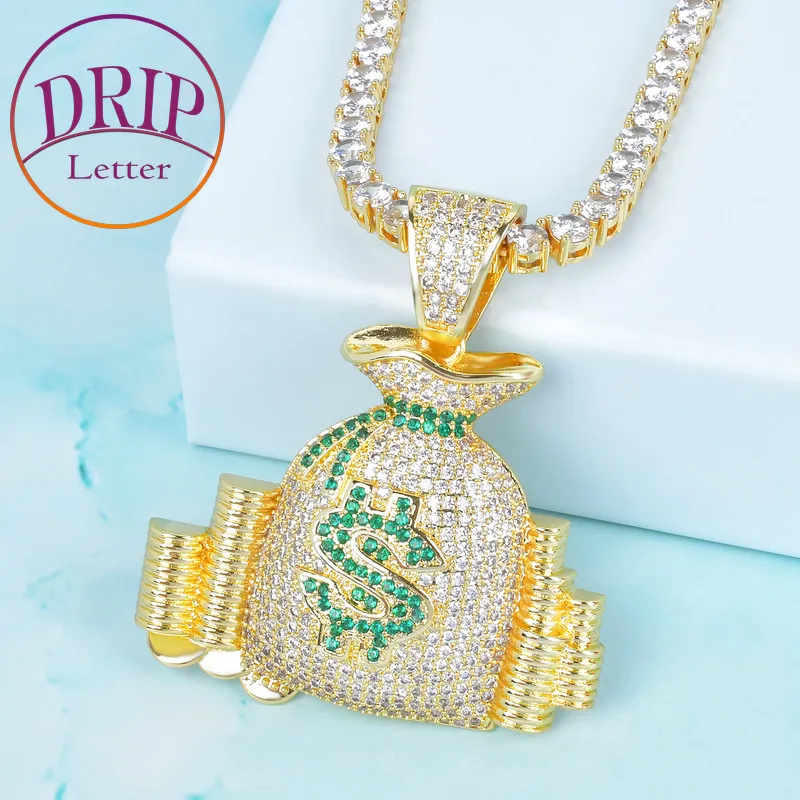 Stack Iced Cash Coins Money Bag Pendant Necklace Charm Men's Hip Hop Plated Jewelry