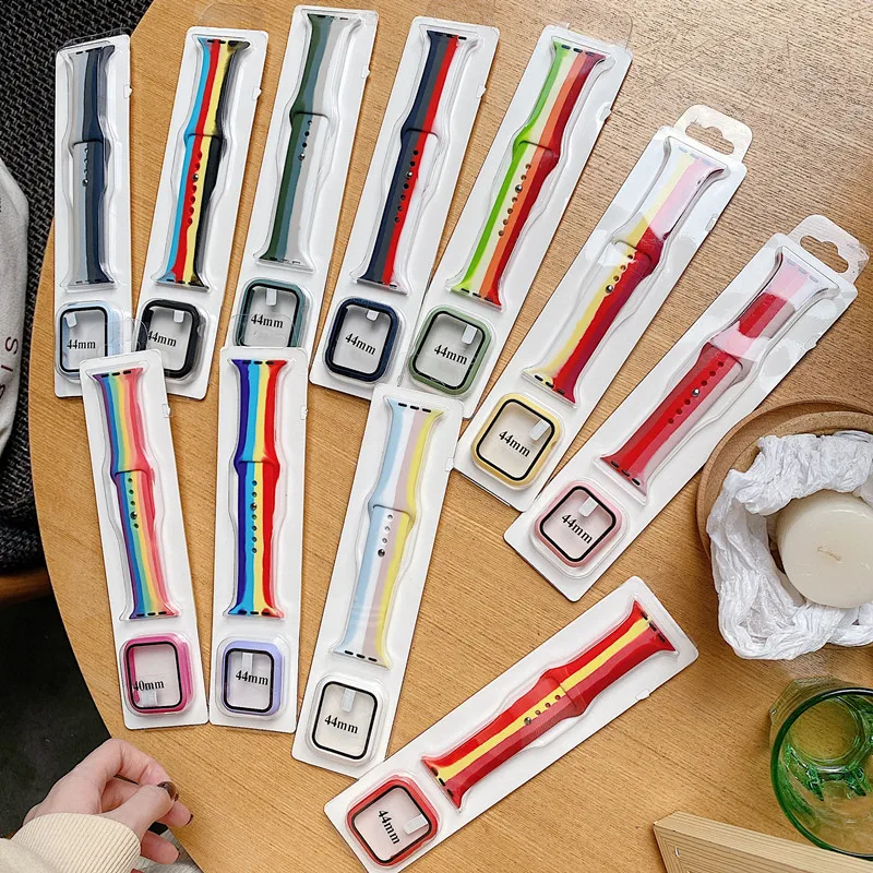 

Glass+Case+strap for Apple watch band 44mm 40mm iwatch series SE 5 4 3 Multicolor Silicone bracelet Apple Watch Band 38mm 42mm