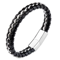 white single stripe leather bracelet stainless steel magnetic clasp charm simple fashion bangles accessories for male
