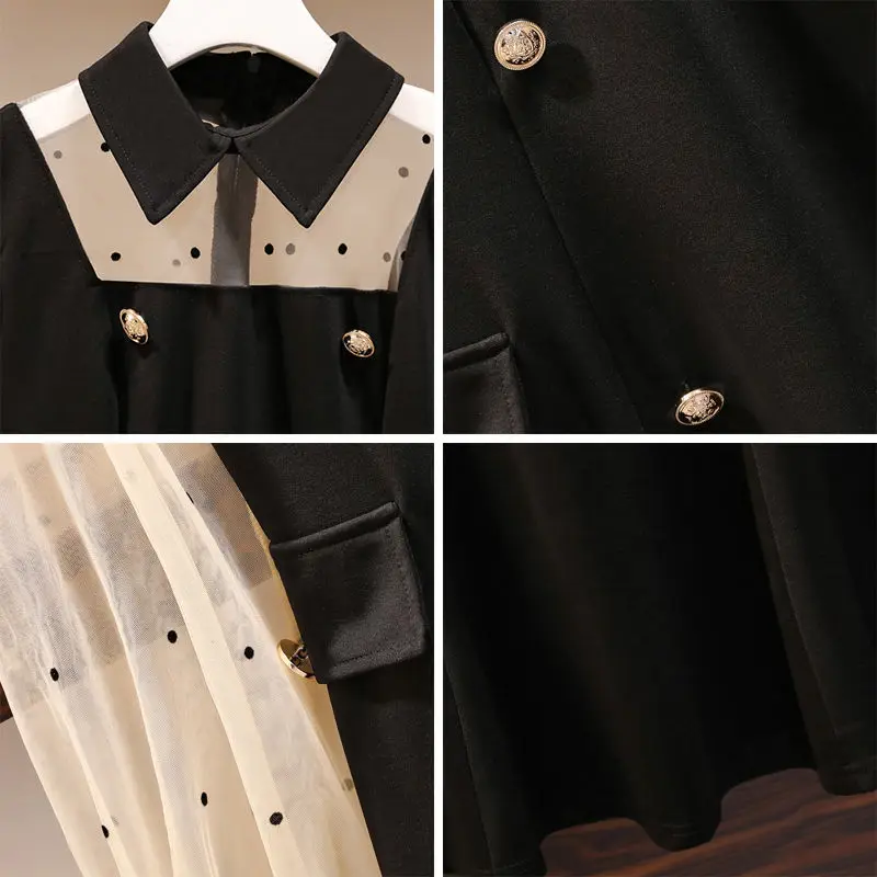 

plus size women dresses korean long sleeve mesh patchwork A-line dress women elegant vintage black mini dresses women vestidos