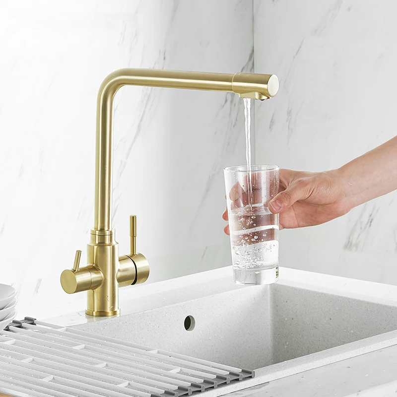 

Brass Brushed Gold Kitchen Sink Faucets Mixer 360 Degree Rotation Water Purification Tap Dual Handle Hot and Cold Faucet