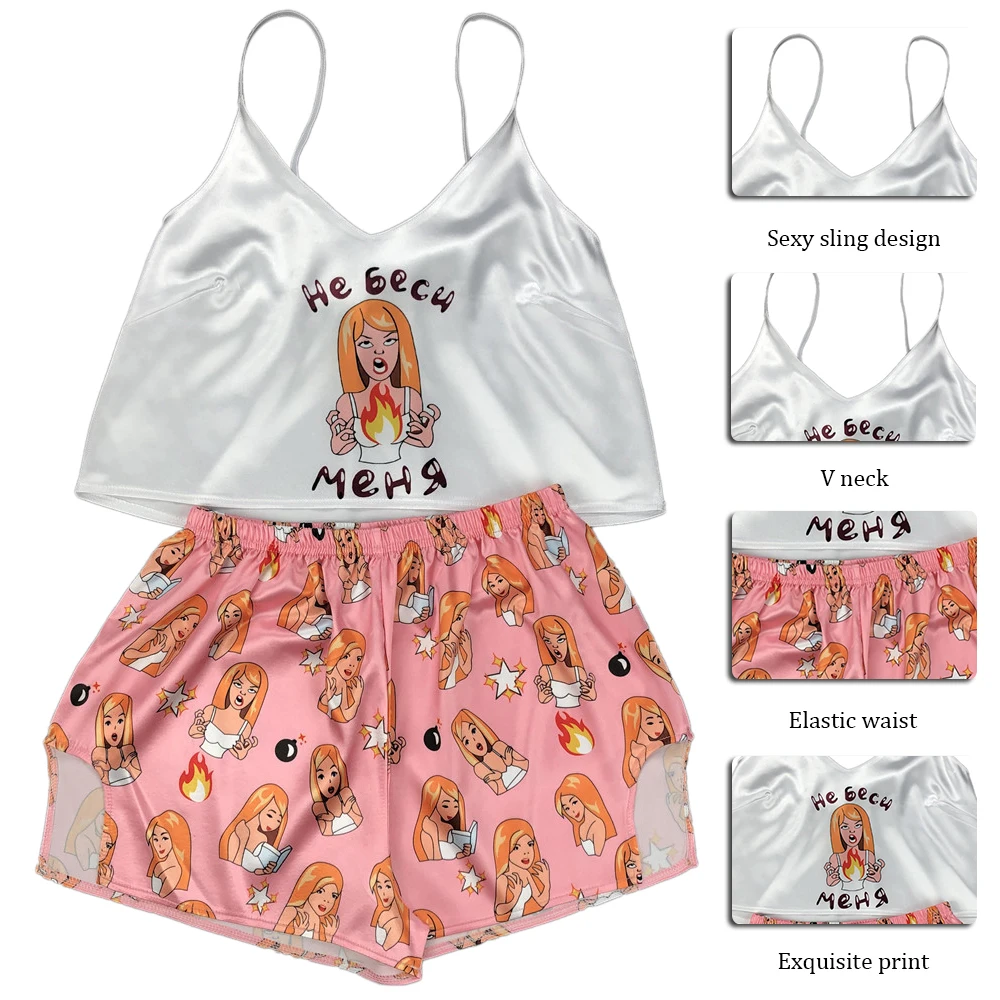 

2021 Sexy Flamingo Pajamas For Woman Silk Pijamas Satin Pyjama Femme Fox Print V Neck Home Suit Sleepwear