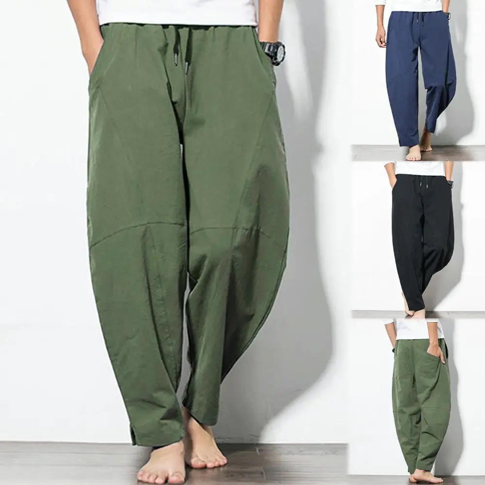 

Loose Straight Trouser Men's Casual Fashion Cotton Linen Pure Color Pocket Comfort Long Pant Outdoor Casual Mid Trouser Clothing