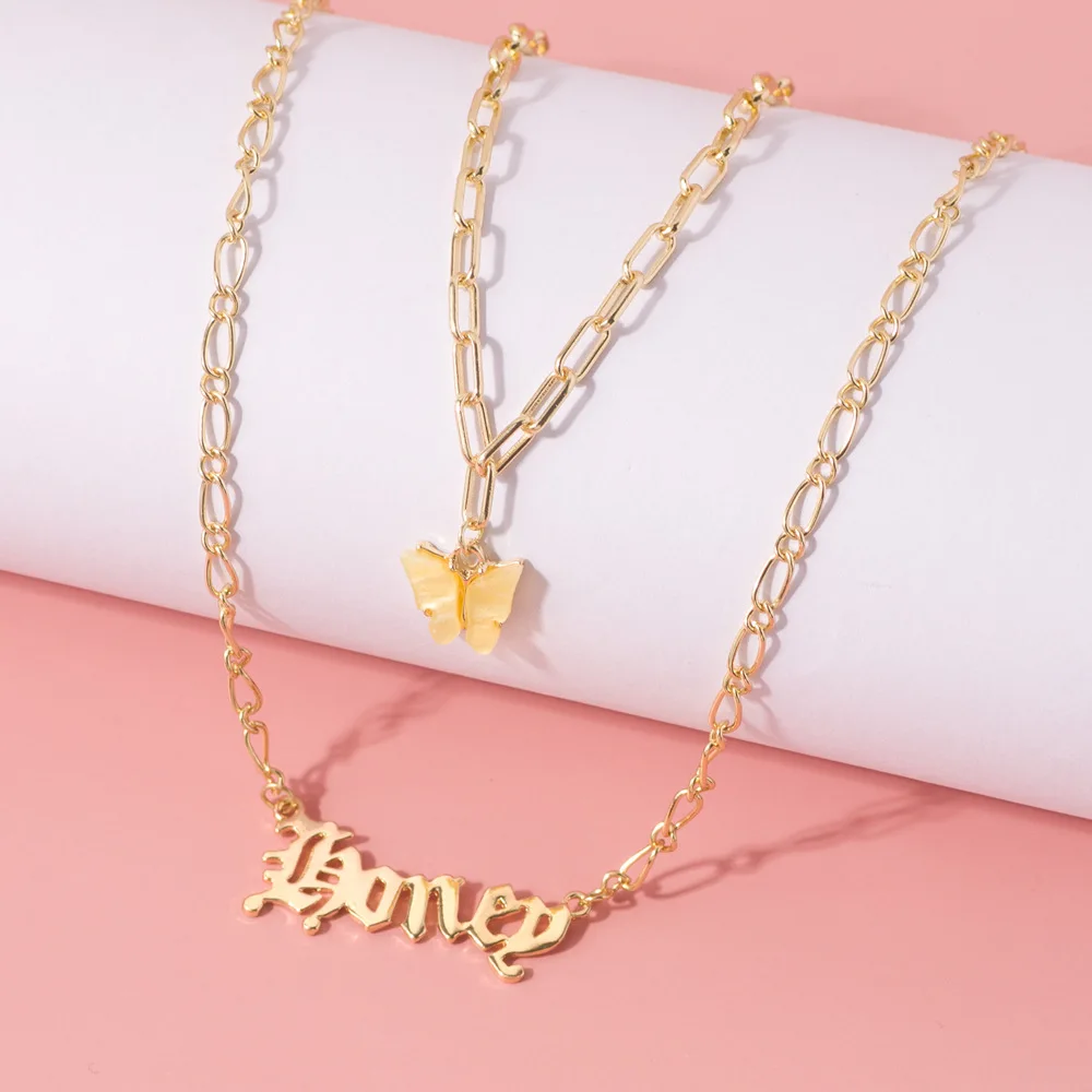 

Stylish 2 Layers Custom Letter Necklace Alphabet HONEY Gothic Font Design Pendant & Butterfly Necklace Jewelry Valentine's day.