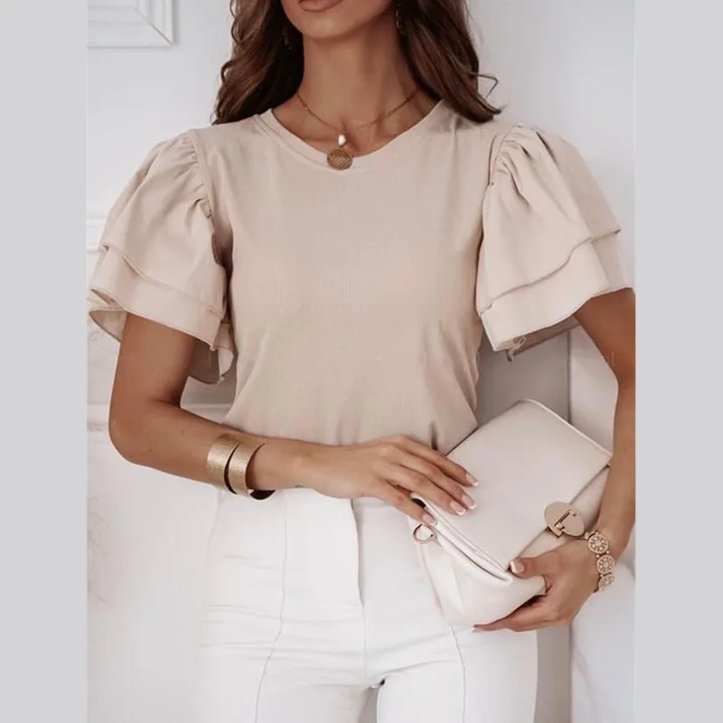 

2021 Summer Solid Color Round Neck Ruffle Short Sleeve Ladies T-Shirt Fashion Slim Pullover Woman Tshirts Tops Ropa Mujer