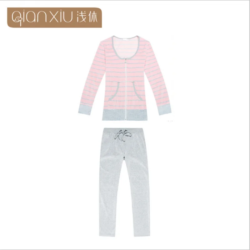Осень-зима женские повседневные полосатые пижамные комплекты Женское пальто с